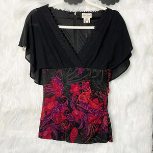 KAREN MILLEN Size US 6 100% Silk V-Neck Flutter Sleeves‎ Red Paisley Ruched Top